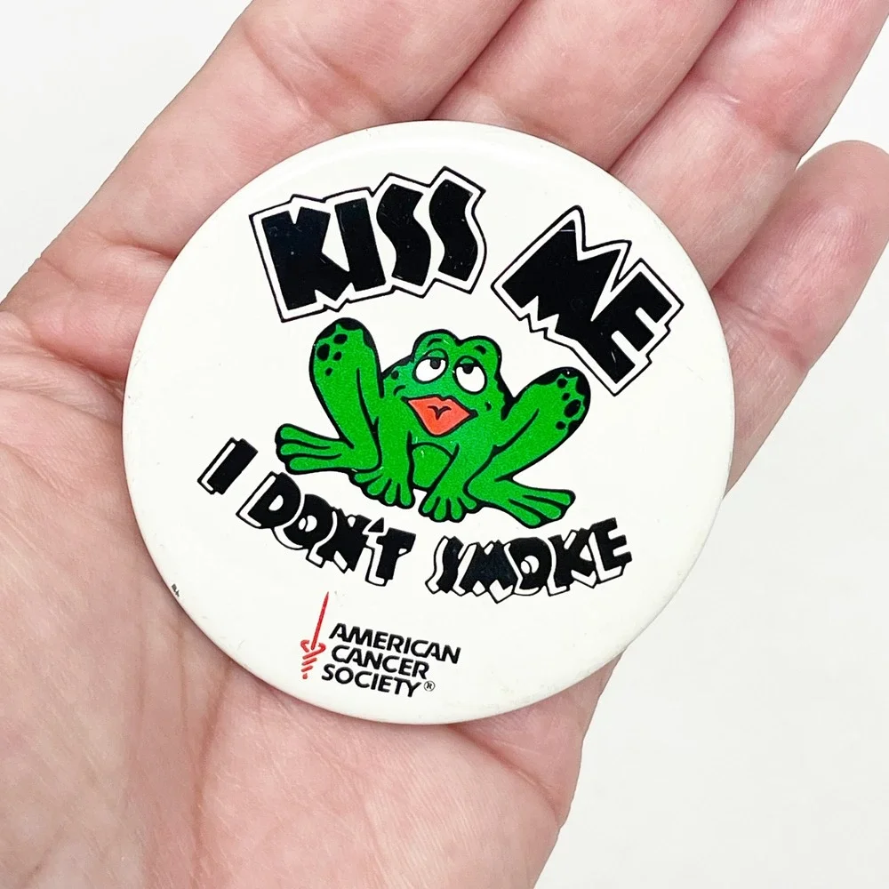 American Cancer Society Pinback Button White Green Kiss Me Frog Vintage